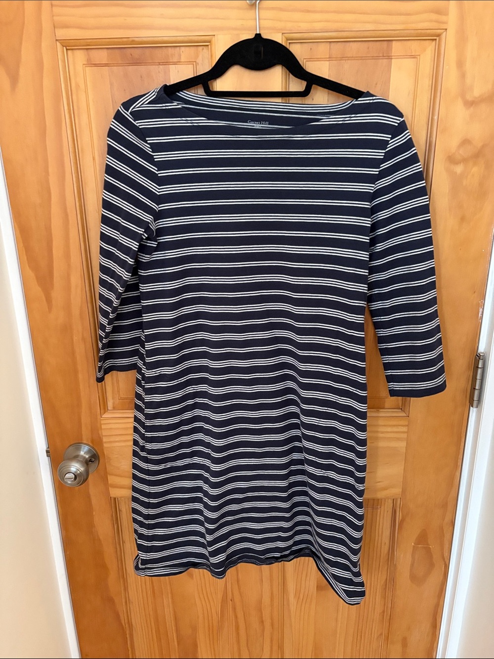 Garnet Hill Navy and White Striped Midi Boat Neck Dress with Pockets